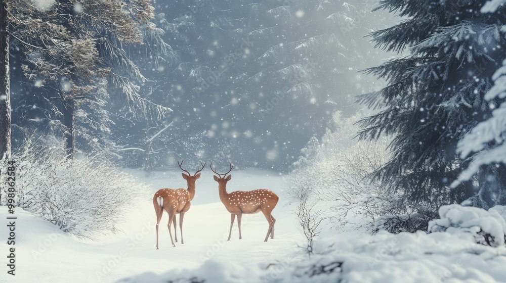 Winter wildlife scene with deer in a snowy forest, gentle snowfall Winter wildlife scene with deer in a snowy forest, gentle snowfall