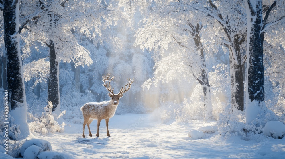 Winter wonderland with reindeer and snow-covered trees, serene scene, December 22 Winter wonderland with reindeer and snow-covered trees, serene scene, December 22