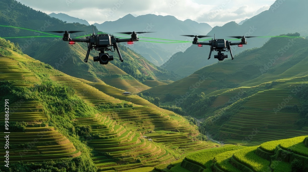 Fototapeta premium Two drones flying over a picturesque rice paddy field with mountains in the background.