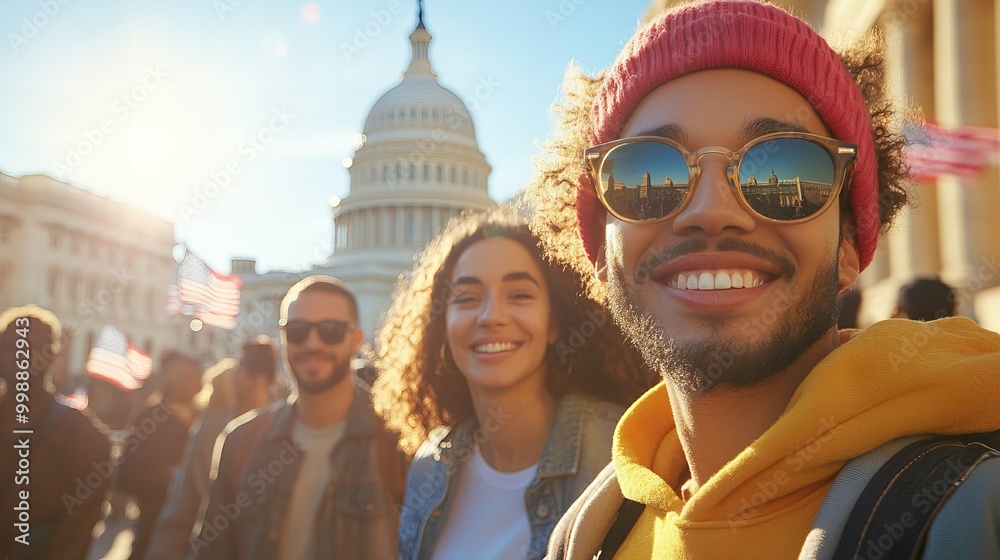 Naklejka premium Diverse group of young Americans standing together in front of the Capitol building during sunset, future of the nation and democracy new beautiful stock image illustration AI