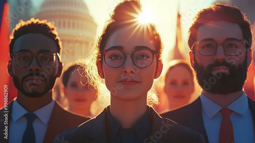Diverse group of young Americans standing together in front of the Capitol building during sunset, future of the nation and democracy new beautiful stock image illustration AI
