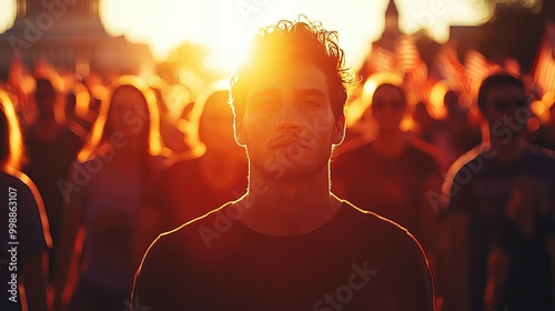 Diverse group of young Americans standing together in front of the Capitol building during sunset, future of the nation and democracy new beautiful stock image illustration AI