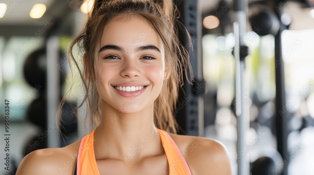 Obraz premium Smiling Young Woman in Gym Workout Environment