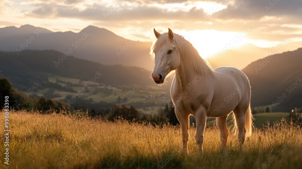 Elegant White Horse in Serene Mountain Landscape Elegant White Horse in Serene Mountain Landscape