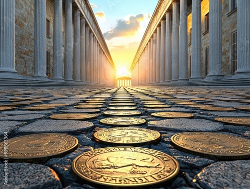 Golden coins leading to a majestic sunset in ancient architecture