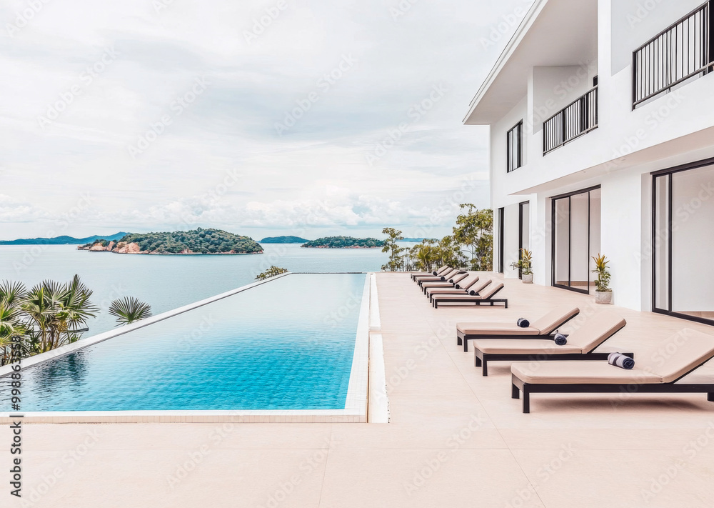 Fototapeta premium Luxurious villa with an infinity pool overlooking serene waters and lush islands on a cloudy day