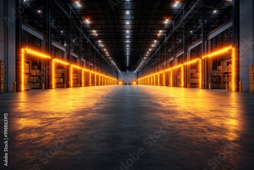 Illuminated Logistics Warehouse Interior, showcasing organized shelves filled with pallets, vibrant lighting enhances the spacious layout, ample copy space for promotional text.