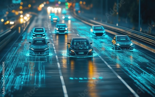 Autonomous cars driving on a highway with futuristic digital interfaces. photo