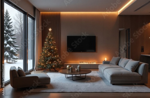 Modern house beautifully decorated for Christmas. Generative AI tools