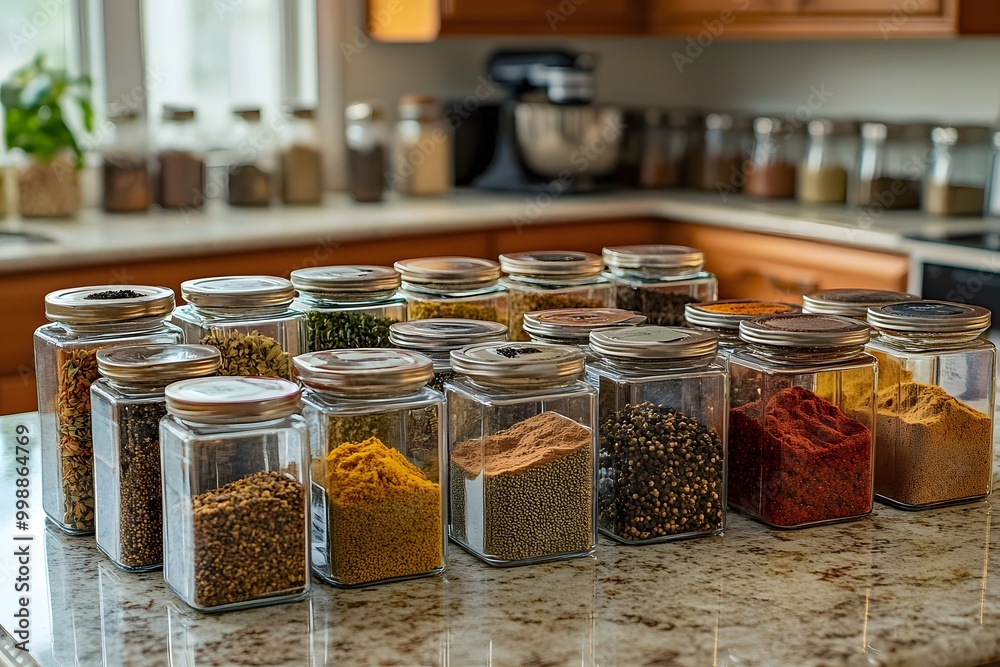 A collection of glass jars filled with various spices sit on a kitchen counter.