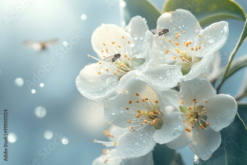 flowering pear with flies on blossom. Nature background - generative ai