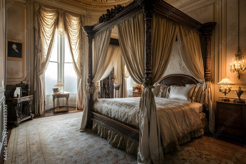 Elegant four-poster bed in a luxurious bedroom. Elegant four-poster bed in a luxurious bedroom.