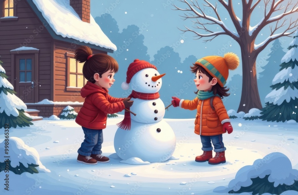 Obraz premium Happy children making a snowman. Winter fun. Generative AI tools