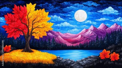 Vibrant Autumn Forest, Semi-abstract portrayal of colorful trees, rich yellows and reds, serene lake setting, hand-painted impressionist style, tranquil fall season atmosphere.