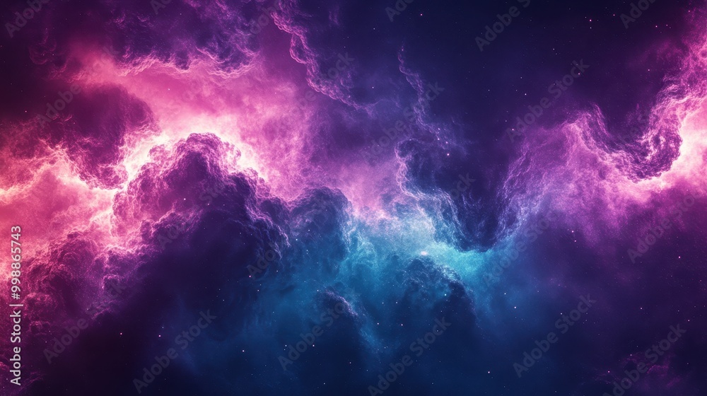 Fototapeta premium A mesmerizing cosmic scene featuring vibrant clouds of pink and blue gases swirling in the depths of space.
