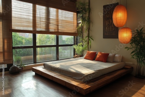 asian zen bedroom, peaceful bedroom featuring a platform bed, rice paper lamps, and nature-inspired decor, creating an asian zen sanctuary photo