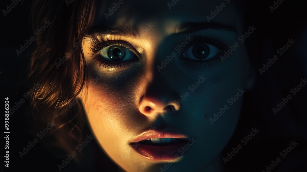 A close-up of a surprised young woman with expressive eyes and soft lighting.