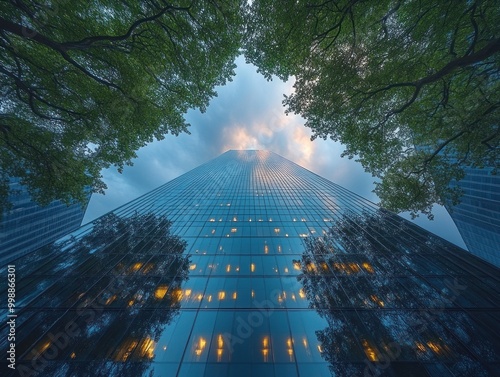 A tall glass building reflects the sky, framed by lush green trees below