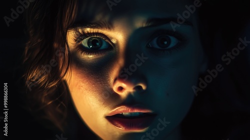 A close-up of a surprised young woman with expressive eyes and soft lighting.