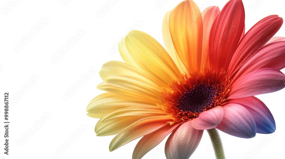 A multi-colored gerbera daisy, the petals transitioning from red to yellow with light shining through them, floating on a white background