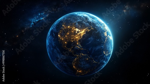 Sunrise Over Earth from Space, radiant sunlight illuminating the planet's surface, vibrant colors blending in the atmosphere, vast emptiness of space surrounding the scene, ideal for text overlay