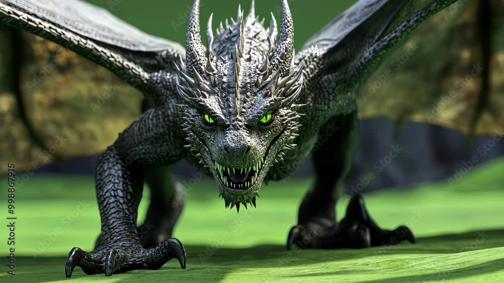 3d rendering of a terrifying, black dragon spreading its wings, showing ...