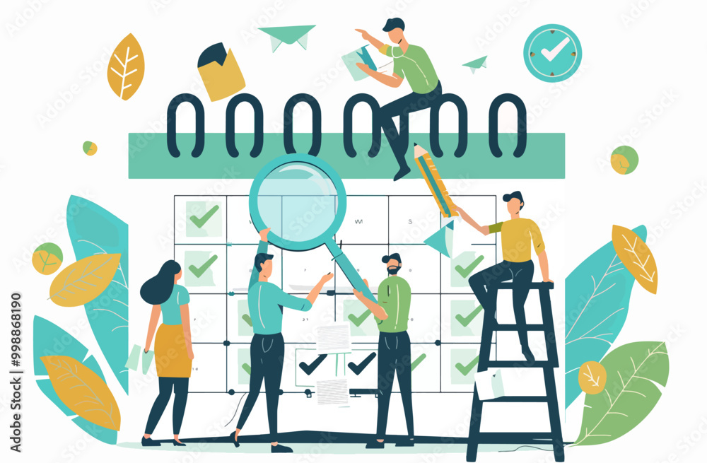 Illustration showing a team managing tasks and planning with a large calendar and magnifying glass, highlighting organization. Illustration showing a team managing tasks and planning with a large calendar and magnifying glass, highlighting organization.
