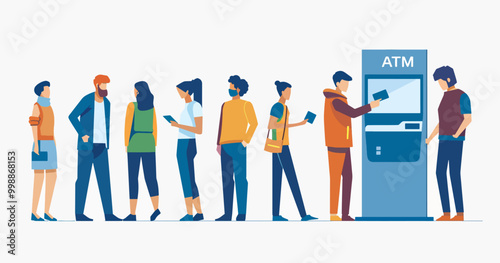 A group of diverse individuals waiting at an ATM, depicting a common urban scene of daily banking activities.