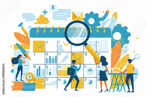 Illustration of team members planning and organizing tasks on a large calendar, showcasing teamwork and scheduling.