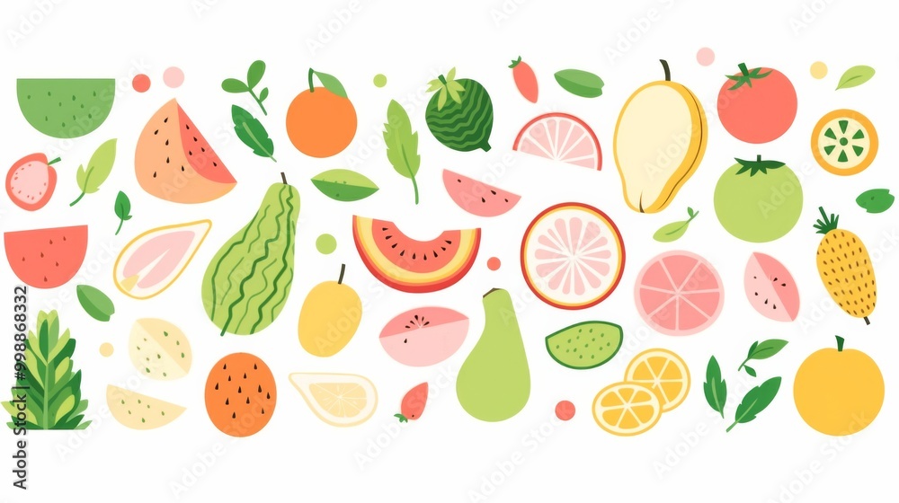 Vibrant flat illustration of assorted fruits and vegetables, including apples, pineapples, avocados, lemons, cherries, peaches, watermelons, strawberries, and more Vibrant flat illustration of assorted fruits and vegetables, including apples, pineapples, avocados, lemons, cherries, peaches, watermelons, strawberries, and more