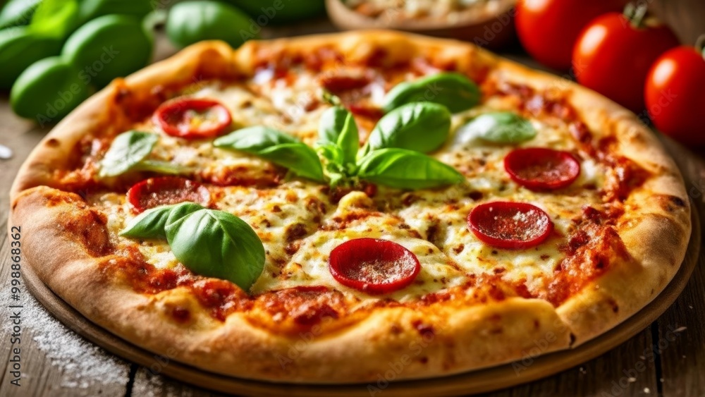 Deliciously fresh pizza with basil and tomatoes Deliciously fresh pizza with basil and tomatoes