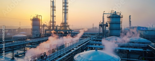 Ethanol production facility at sunrise with smokestacks and pipelines, highlighting industrial infrastructure. Free copy space for banner.
