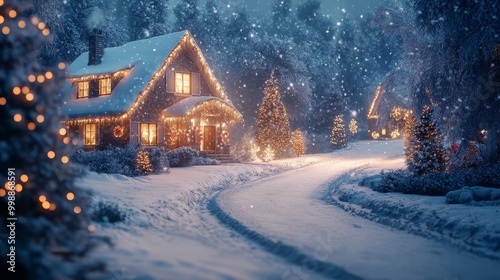 Cozy winter houses with warm lights glowing from windows, surrounded by snow-covered yards and festive decorations