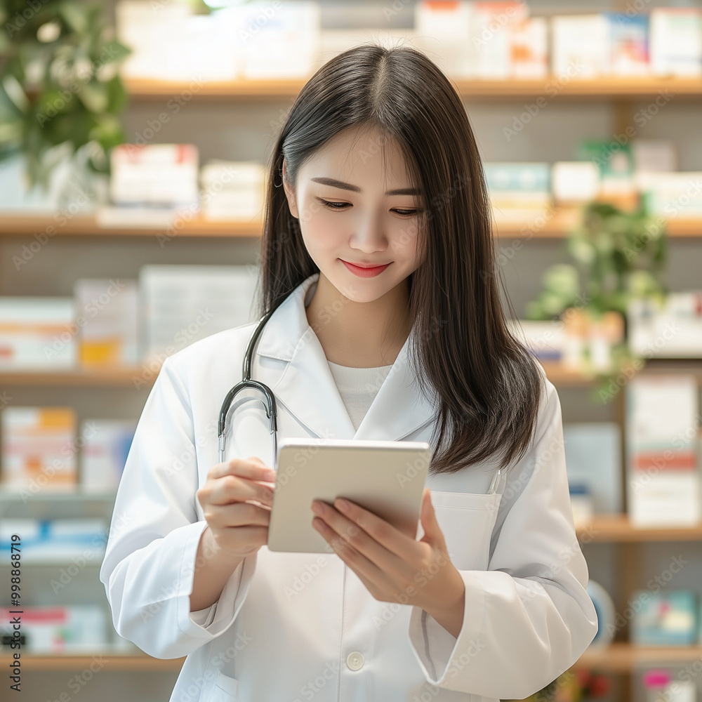 Asian Female Pharmacist Using a Tablet in a Pharmacy Setting Asian Female Pharmacist Using a Tablet in a Pharmacy Setting