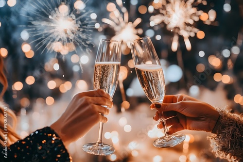 Two women clinking champagne glasses with fireworks in the background.