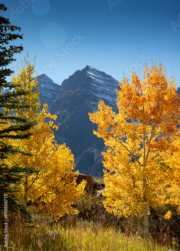 Maroon Bells framed by Aspen trees in the fall