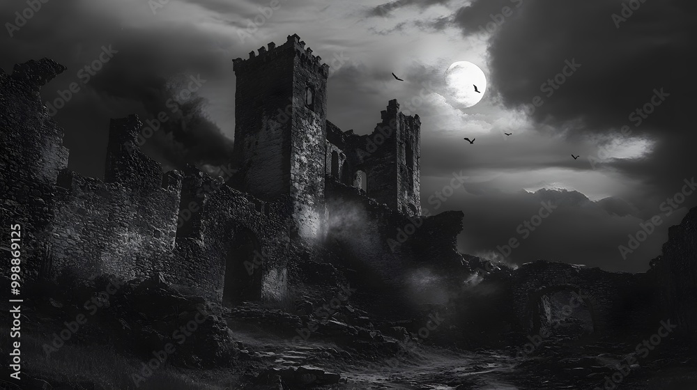 Fototapeta premium A crumbling castle stands silhouetted against a full moon and stormy sky.