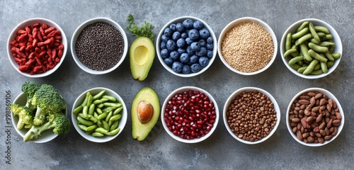 Beautiful flat lay of vibrant, fresh fruits and vegetables,   artistically arranged in small bowls on a grey stone surface, showcasing their natural beauty.