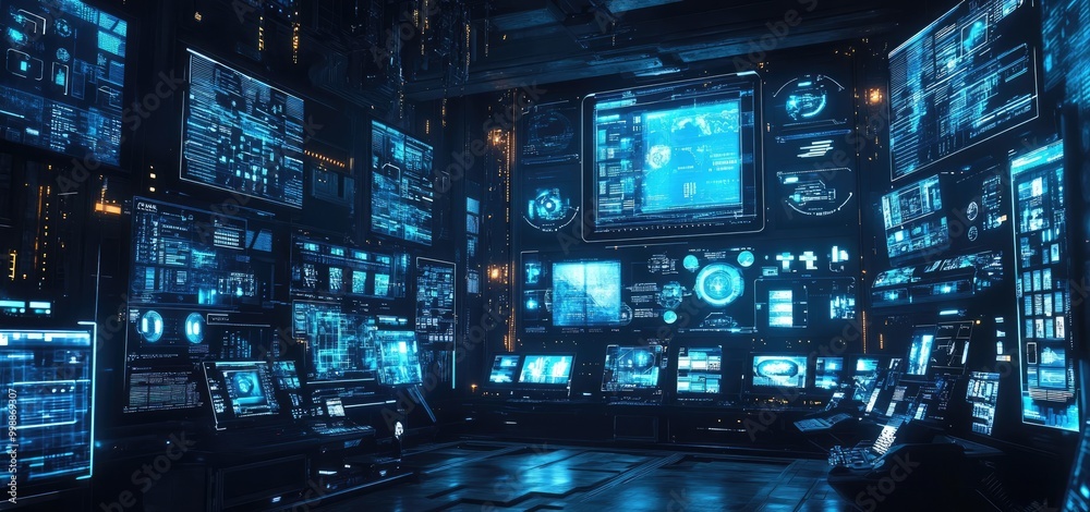 Futuristic control room with numerous screens displaying digital data and information. Futuristic control room with numerous screens displaying digital data and information.