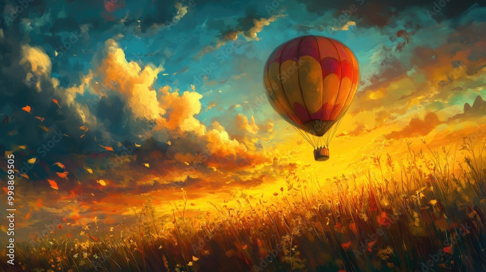 Fototapeta premium A vibrant hot air balloon soaring above a colorful sunset with clouds and flowers in the foreground.