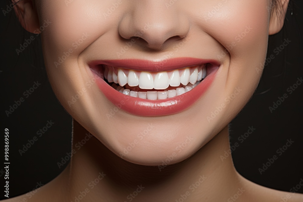 Close up of a womans smile with white teeth and red lipstick Close up of a womans smile with white teeth and red lipstick