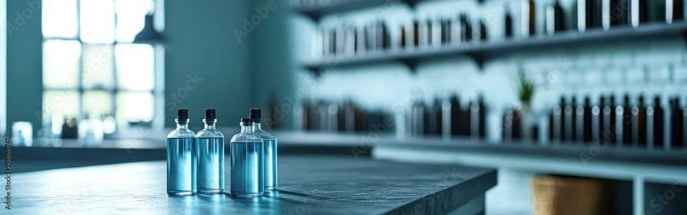 Bottles filled with blue liquid sit on a table in a medical laboratory Bottles filled with blue liquid sit on a table in a medical laboratory