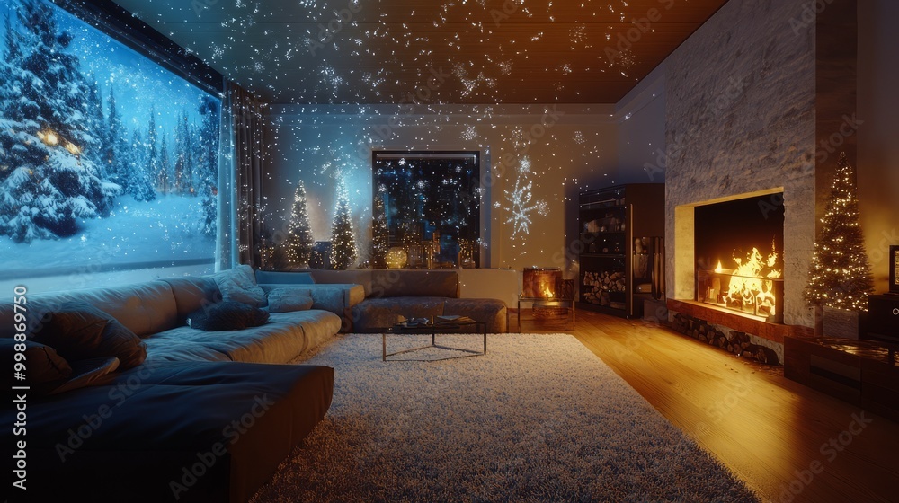 A holographic winter wonderland projected within a cozy living room, creating a snow-covered landscape complete with fireplaces and virtual snowflakes. A holographic winter wonderland projected within a cozy living room, creating a snow-covered landscape complete with fireplaces and virtual snowflakes.