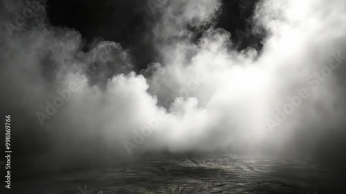 Thick fog envelops the dark interior of a neglected warehouse as dusk settles in, enhancing the haunting ambiance