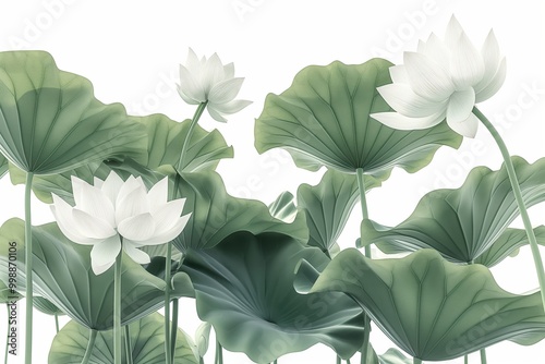 Fototapeta Naklejka Na Ścianę i Meble -  Bunch of white flowers with green leaves. The flowers are in a row and are all facing the same direction