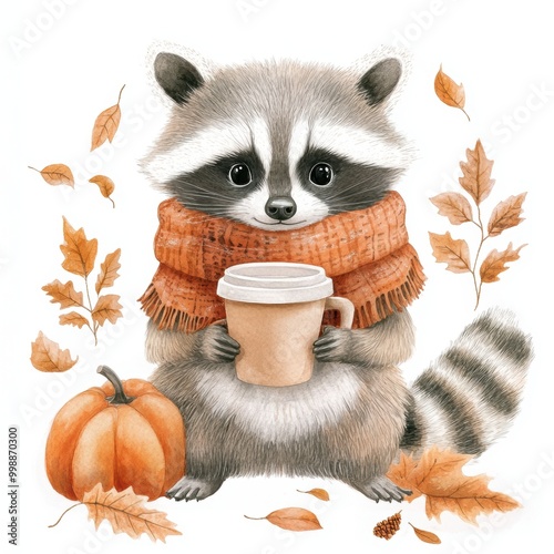 Cute raccoon in an autumn scarf holding a coffee cup, surrounded by fall elements like leaves and pumpkins on a white background photo