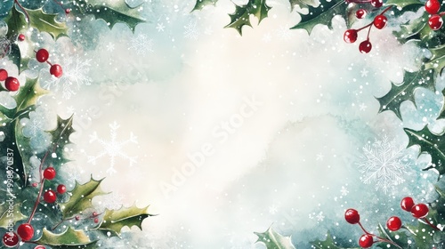 Festive winter background featuring holly leaves, red berries, and gentle snowflakes for holiday card designs