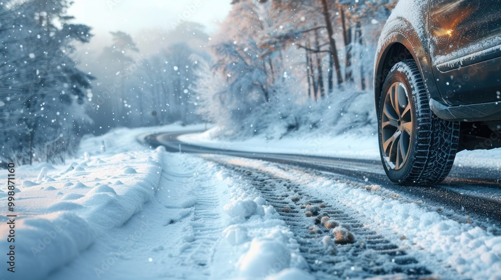 Car tires on winter road, Winter tire with detail of car tires in winter snowy season on the road covered. Car tires on winter road, Winter tire with detail of car tires in winter snowy season on the road covered.