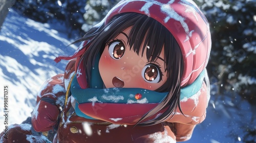 Anime characters in winter attire, battling snowstorms and embarking on frosty adventures, combining vibrant animation with seasonal elements photo