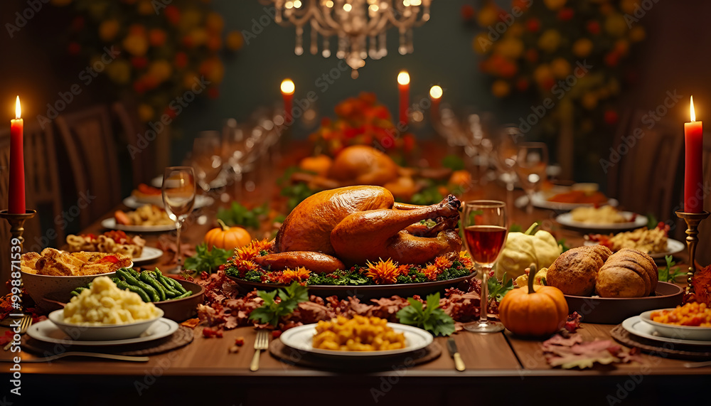 Thanksgiving Dinner Table Setting with Roasted Turkey, Mashed Potatoes, and Fall Decor.